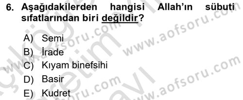 İslam İnanç Esasları Dersi 2021 - 2022 Yılı Yaz Okulu Sınav Soruları 6. Soru