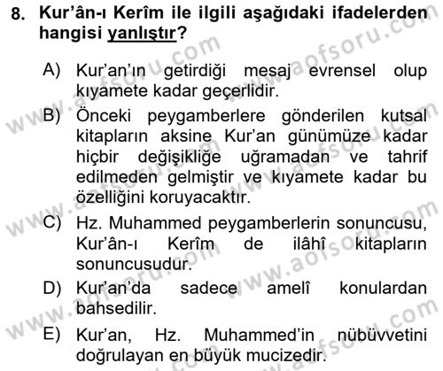 İslam İnanç Esasları Dersi 2021 - 2022 Yılı Yaz Okulu Sınav Soruları 8. Soru