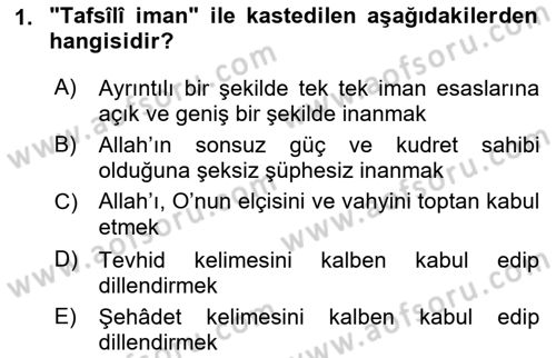 İslam İnanç Esasları Dersi 2022 - 2023 Yılı (Vize) Ara Sınav Soruları 1. Soru