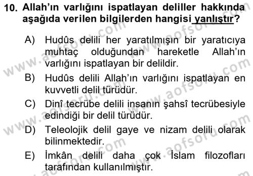 İslam İnanç Esasları Dersi 2022 - 2023 Yılı (Vize) Ara Sınav Soruları 10. Soru