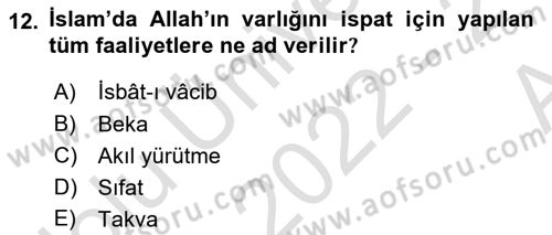 İslam İnanç Esasları Dersi 2022 - 2023 Yılı (Vize) Ara Sınav Soruları 12. Soru