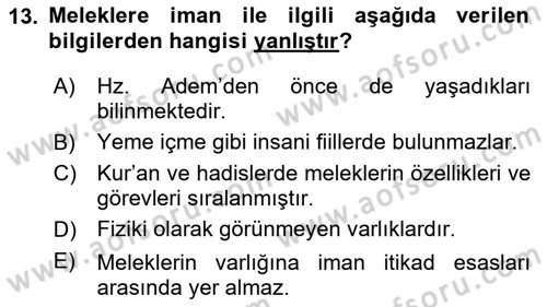 İslam İnanç Esasları Dersi 2022 - 2023 Yılı (Vize) Ara Sınav Soruları 13. Soru