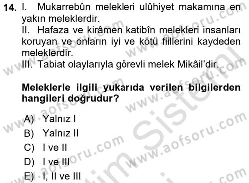 İslam İnanç Esasları Dersi 2022 - 2023 Yılı (Vize) Ara Sınav Soruları 14. Soru