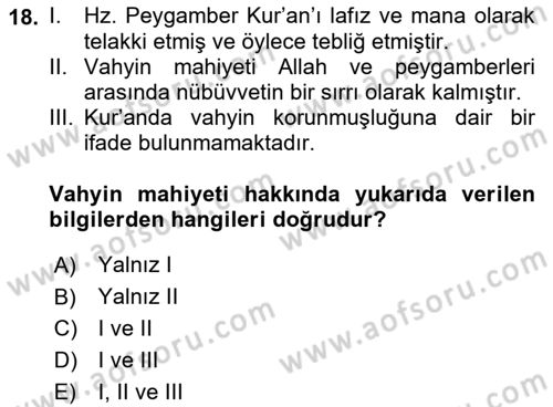 İslam İnanç Esasları Dersi 2022 - 2023 Yılı (Vize) Ara Sınav Soruları 18. Soru