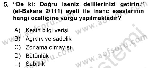 İslam İnanç Esasları Dersi 2022 - 2023 Yılı (Vize) Ara Sınav Soruları 5. Soru