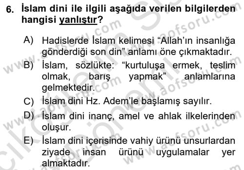 İslam İnanç Esasları Dersi 2022 - 2023 Yılı (Vize) Ara Sınav Soruları 6. Soru