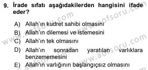 İslam İnanç Esasları Dersi 2022 - 2023 Yılı (Vize) Ara Sınav Soruları 9. Soru