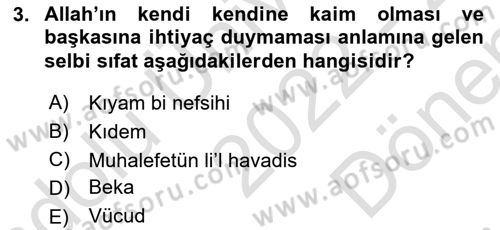 İslam İnanç Esasları Dersi 2022 - 2023 Yılı (Final) Dönem Sonu Sınav Soruları 3. Soru