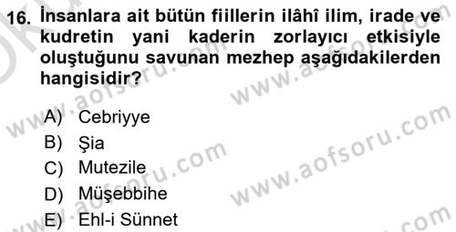 İslam İnanç Esasları Dersi 2022 - 2023 Yılı Yaz Okulu Sınav Soruları 16. Soru