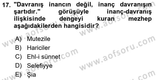 İslam İnanç Esasları Dersi 2022 - 2023 Yılı Yaz Okulu Sınavı 17. Soru