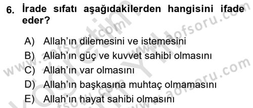 İslam İnanç Esasları Dersi 2022 - 2023 Yılı Yaz Okulu Sınav Soruları 6. Soru