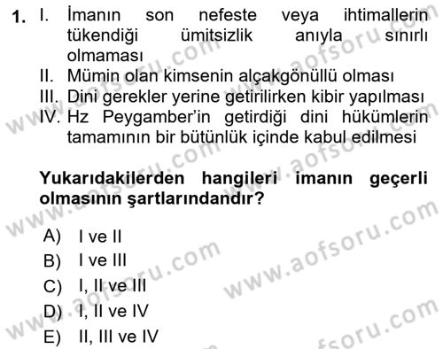 İslam İnanç Esasları Dersi 2023 - 2024 Yılı (Vize) Ara Sınav Soruları 1. Soru