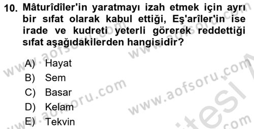 İslam İnanç Esasları Dersi 2023 - 2024 Yılı (Vize) Ara Sınav Soruları 10. Soru