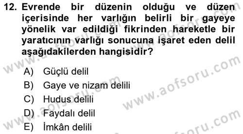 İslam İnanç Esasları Dersi 2023 - 2024 Yılı (Vize) Ara Sınav Soruları 12. Soru