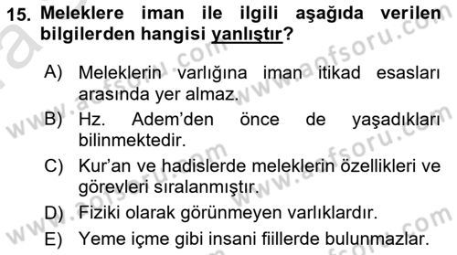 İslam İnanç Esasları Dersi 2023 - 2024 Yılı (Vize) Ara Sınav Soruları 15. Soru