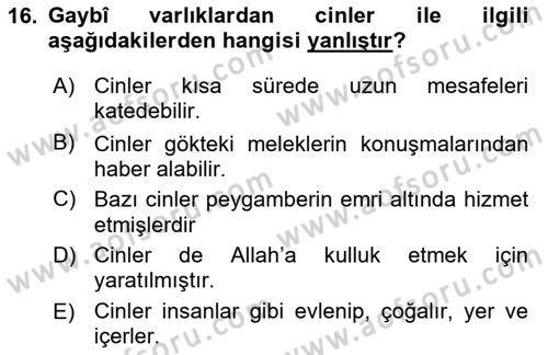 İslam İnanç Esasları Dersi 2023 - 2024 Yılı (Vize) Ara Sınav Soruları 16. Soru