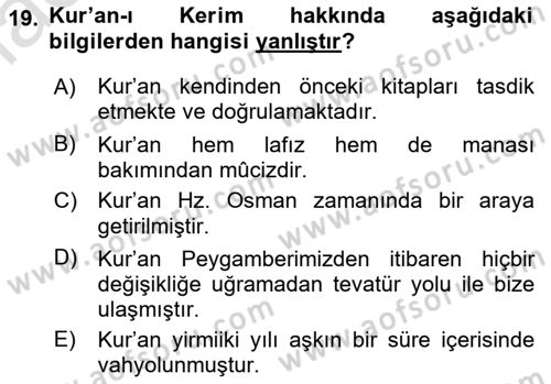 İslam İnanç Esasları Dersi 2023 - 2024 Yılı (Vize) Ara Sınav Soruları 19. Soru