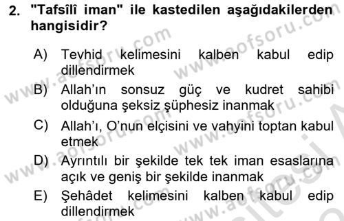 İslam İnanç Esasları Dersi 2023 - 2024 Yılı (Vize) Ara Sınav Soruları 2. Soru