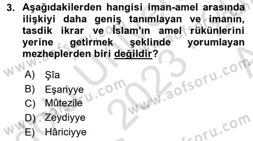 İslam İnanç Esasları Dersi 2023 - 2024 Yılı (Vize) Ara Sınav Soruları 3. Soru