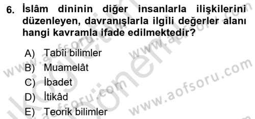 İslam İnanç Esasları Dersi 2023 - 2024 Yılı (Vize) Ara Sınav Soruları 6. Soru