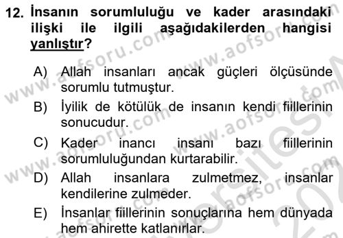 İslam İnanç Esasları Dersi 2023 - 2024 Yılı (Final) Dönem Sonu Sınav Soruları 12. Soru