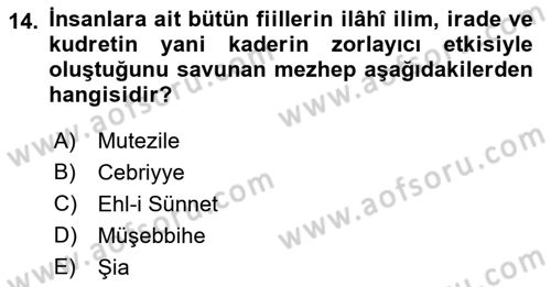 İslam İnanç Esasları Dersi 2023 - 2024 Yılı (Final) Dönem Sonu Sınav Soruları 14. Soru