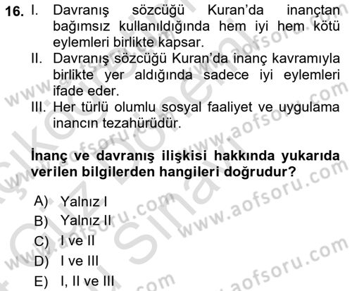 İslam İnanç Esasları Dersi 2023 - 2024 Yılı (Final) Dönem Sonu Sınav Soruları 16. Soru