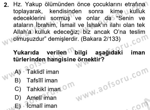 İslam İnanç Esasları Dersi 2023 - 2024 Yılı (Final) Dönem Sonu Sınav Soruları 2. Soru