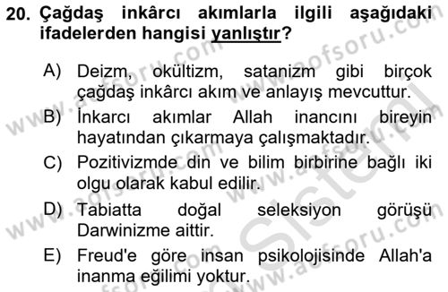 İslam İnanç Esasları Dersi 2023 - 2024 Yılı (Final) Dönem Sonu Sınav Soruları 20. Soru