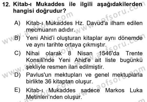 İslam İnanç Esasları Dersi 2023 - 2024 Yılı Yaz Okulu Sınav Soruları 12. Soru