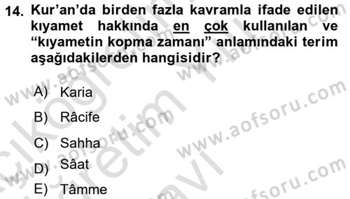 İslam İnanç Esasları Dersi 2023 - 2024 Yılı Yaz Okulu Sınavı 14. Soru