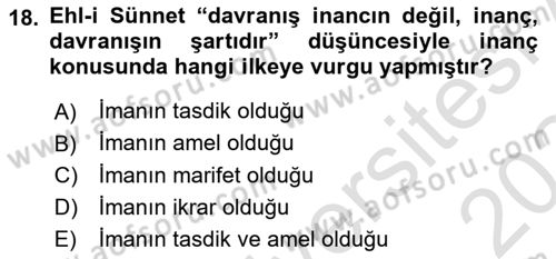 İslam İnanç Esasları Dersi 2023 - 2024 Yılı Yaz Okulu Sınav Soruları 18. Soru