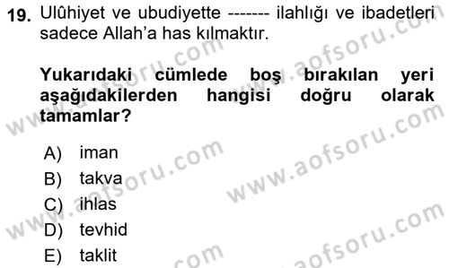 İslam İnanç Esasları Dersi 2023 - 2024 Yılı Yaz Okulu Sınav Soruları 19. Soru
