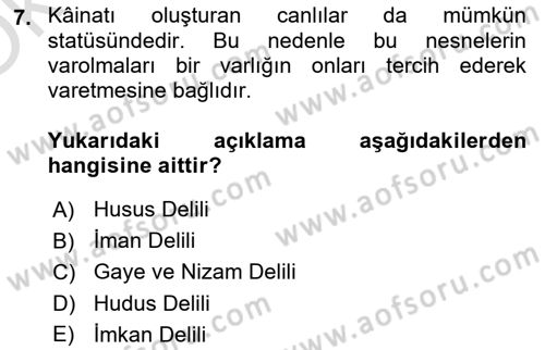 İslam İnanç Esasları Dersi 2023 - 2024 Yılı Yaz Okulu Sınav Soruları 7. Soru
