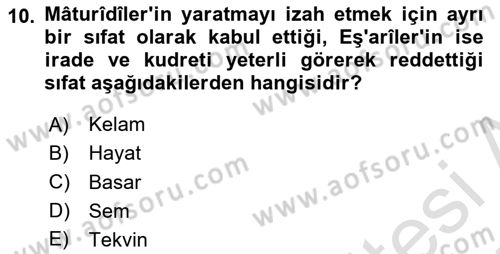 İslam İnanç Esasları Dersi 2024 - 2025 Yılı (Vize) Ara Sınav Soruları 10. Soru