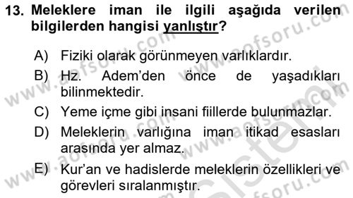 İslam İnanç Esasları Dersi 2024 - 2025 Yılı (Vize) Ara Sınav Soruları 13. Soru