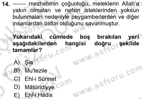 İslam İnanç Esasları Dersi 2024 - 2025 Yılı (Vize) Ara Sınav Soruları 14. Soru