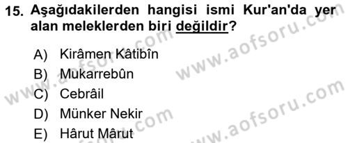 İslam İnanç Esasları Dersi 2024 - 2025 Yılı (Vize) Ara Sınav Soruları 15. Soru
