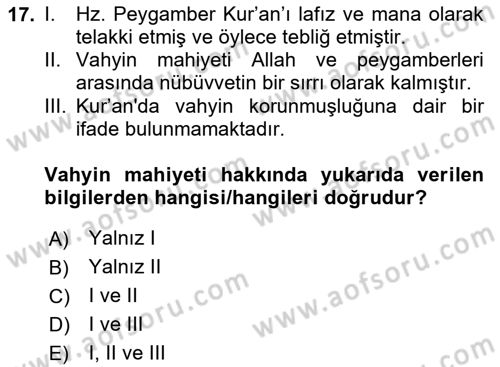 İslam İnanç Esasları Dersi 2024 - 2025 Yılı (Vize) Ara Sınav Soruları 17. Soru