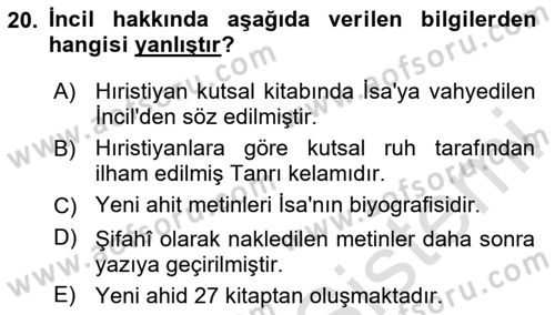 İslam İnanç Esasları Dersi 2024 - 2025 Yılı (Vize) Ara Sınav Soruları 20. Soru