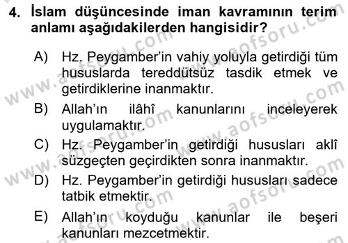 İslam İnanç Esasları Dersi 2024 - 2025 Yılı (Vize) Ara Sınav Soruları 4. Soru
