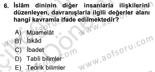 İslam İnanç Esasları Dersi 2024 - 2025 Yılı (Vize) Ara Sınav Soruları 6. Soru