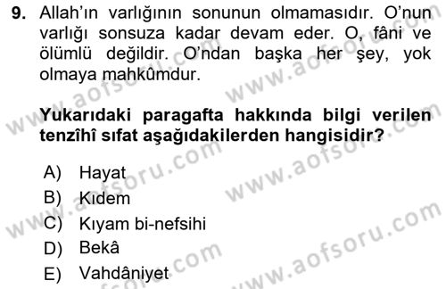 İslam İnanç Esasları Dersi 2024 - 2025 Yılı (Vize) Ara Sınav Soruları 9. Soru