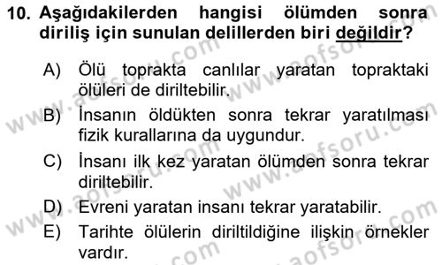 İslam İnanç Esasları Dersi 2024 - 2025 Yılı (Final) Dönem Sonu Sınav Soruları 10. Soru
