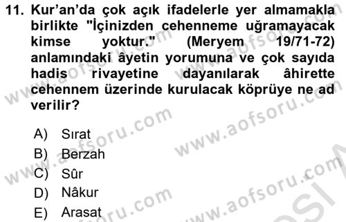 İslam İnanç Esasları Dersi 2024 - 2025 Yılı (Final) Dönem Sonu Sınav Soruları 11. Soru