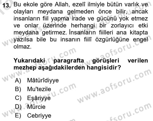 İslam İnanç Esasları Dersi 2024 - 2025 Yılı (Final) Dönem Sonu Sınav Soruları 13. Soru