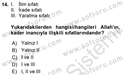 İslam İnanç Esasları Dersi 2024 - 2025 Yılı (Final) Dönem Sonu Sınav Soruları 14. Soru