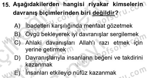 İslam İnanç Esasları Dersi 2024 - 2025 Yılı (Final) Dönem Sonu Sınav Soruları 15. Soru