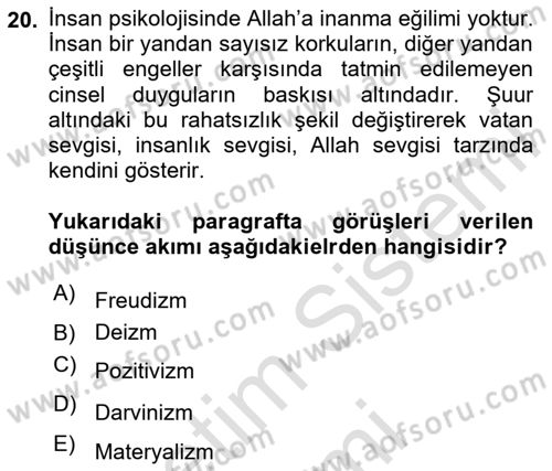 İslam İnanç Esasları Dersi 2024 - 2025 Yılı (Final) Dönem Sonu Sınav Soruları 20. Soru