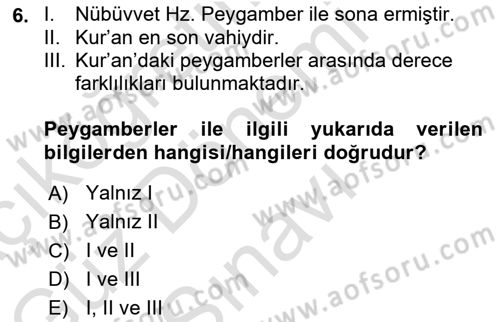 İslam İnanç Esasları Dersi 2024 - 2025 Yılı (Final) Dönem Sonu Sınav Soruları 6. Soru